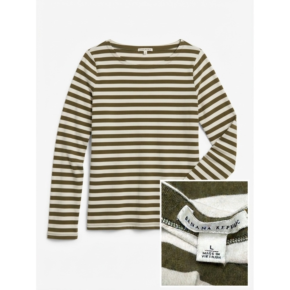 Banana Republic Womens Large Brown Striped Long Sleeve Boat Neck Top T-Shirt L